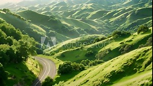 A road winds its way through a vibrant, green valley surrounded by rolling hills, A family road trip through rolling hills and lush green countryside