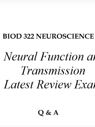 BIOD 322 Module 2 NEUROSCIENCE Neural Function and Transmission Latest Review Exam Q & A 2026 (Complete And Verified Study material) (20pages) LEARNEXAMS What is the primary role of myelin in neural transmission? - A) To increase the speed of action potentials - B) To prevent the action potentials - C) To produce neurotransmitters - D) To insulate the axon hillock Answer: A) To increase the speed of action potentials Rationale: Myelin is a fatty substance that insulates axons, allowing electrica