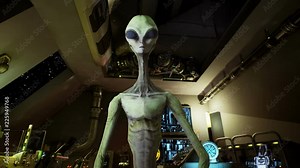 Alien presses the keys on sci-fi hologaphic screen. Realistic motion background.