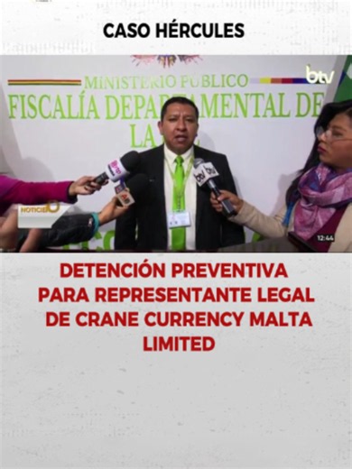 CASO HÉRCULES DETENCIÓN PREVENTIVA PARA REPRESENTANTE LEGAL DE CRANE CURRENCY MALTA LIMITED La Justicia ordenó seis meses de detención preventiva en el penal de San Pedro él representante legal de Crane Currency Malta Limited, dentro de la investigación del denominado caso Hércules. La medida fue dispuesta por el presunto delito de incumplimiento de contratos. Según la Fiscalía, el proceso está vinculado a presuntas irregularidades en contratos firmados con el Banco Central de Bolivia durante la