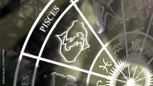 Pisces zodiac sign. 4K animation of the Pisces symbol and star sign appearing on a slowly spinning zodiac wheel. 4K zodiac wheel background. Pisces star sign