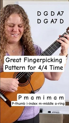 Great Fingerpicking Pattern for 4/4 Time - P m a m i m a m - with D, G, & A7 #beginnerguitarlessons