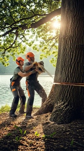 wood cutter cutting old large tree in forest with machine #treetrimming#treeexperts #woodscraft#tree