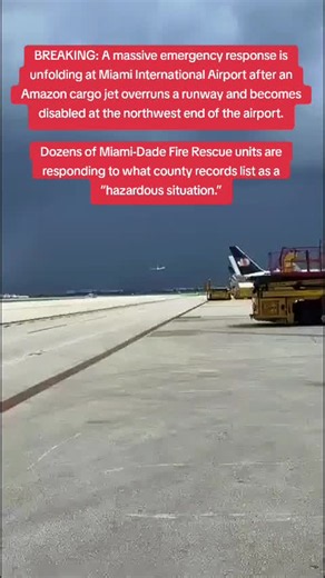 #crash #miami #jet #amazon #fy BREAKING: A massive emergency response is unfolding at Miami International Airport after an Amazon cargo jet overruns a runway and becomes disabled at the northwest end of the airport. Dozens of Miami-Dade Fire Rescue units are responding to what county records list as a “hazardous situation.”
