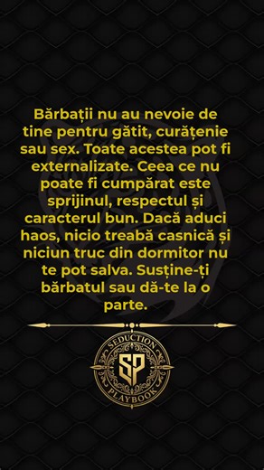 Bărbații nu au nevoie de tine pentru gătit, curățenie sau sex. Toate acestea pot fi externalizate. Ceea ce nu poate fi cumpărat este sprijinul, respectul și caracterul bun. Dacă aduci haos, nicio treabă casnică și niciun truc din dormitor nu te pot salva. Susține-ți bărbatul sau dă-te la o parte. Postez în fiecare zi o lecție pe care 99% din bărbați nu o știu. Dacă nu urmărești, rămâi în cei 99%. #tensiune #control #psihologie #atractie #disciplina