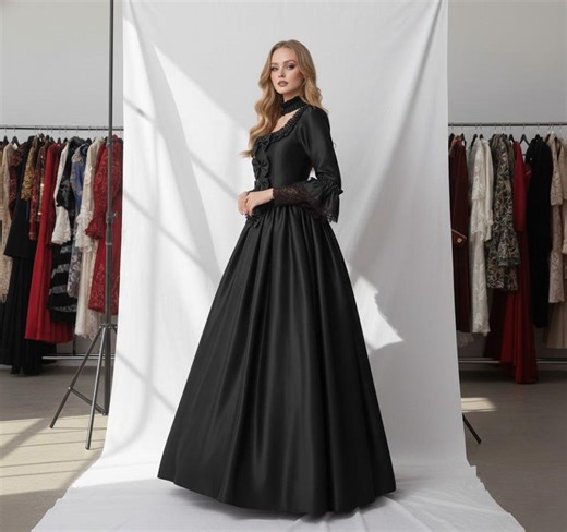 Victorian Gothic Black Silk Ball Gown Medieval Evening Dress - Etsy