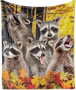 Ambesonne Racoon Throw Blanket, Animal in The Autumn Season Wood Forest Silly Face Tongue Out Fallen Leafs, Flannel Fleece Accent Piece Soft Couch Cover for Adults, 50" x 70", Yellow Almond
