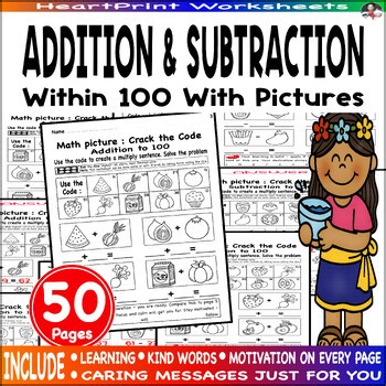 Addition and Subtraction Within 100 With Pictures, Crack the code add and sub