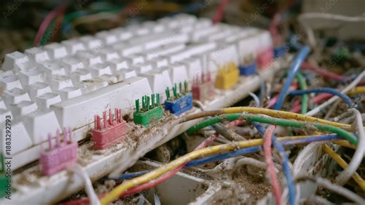 153Close-up of tangled cables sticking out from an old home computer case, worn connectors, faded cable insulation, nostalgic technology and aging hardware theme