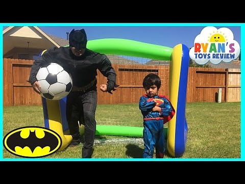 Batman vs Superman HUGE INFLATABLE TOYS for Kids Soccer Challenge