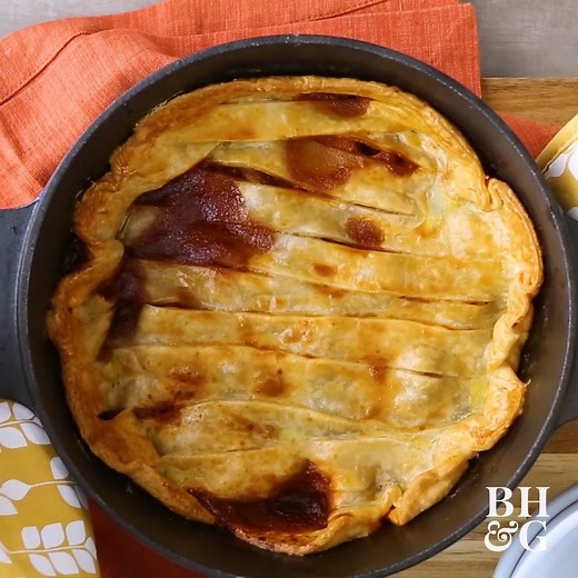One-Pot Barbecue Chicken Pot Pie: This pot pie is packed full of veggies, topped with a flaky crust, and in and out of the oven in about 20 minutes. RECIPE: http://bit.ly/3sdBFZS | Better Homes & Gardens