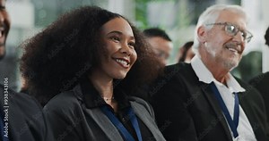 Group, business people and presentation at seminar with smile, attention and corporate development ideas. Public relations, men and women in audience at press conference, trade show or PR convention