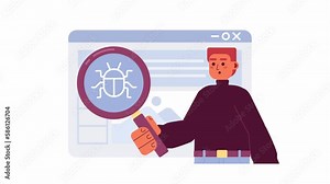 Animated debugging web application. Software developer testing app. 2D cartoon flat character 4K video footage on white with alpha channel transparency. Concept animation for web design