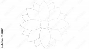 Animated silver linear flower is drawn gradually. Line symbol of lotus blossom. Concept of spring, yoga, meditation, gardening, summer, nature, beauty. Vector illustration isolated on white background