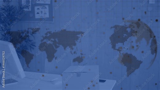 Dotted map and animated globe expanding on playback, particles drifting, showing global tech focus