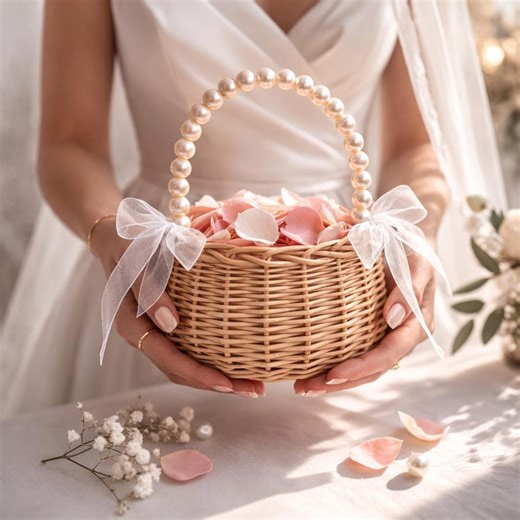 Boho Wicker Flower Girl Basket, Pearl Handle Wedding Petal Basket - Etsy