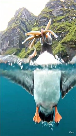 puffin hunts fish to feed piffling