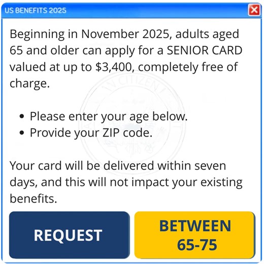 Seniors over 65 can claim a $3,400 Spending allowance card today! It’s completely FREE to apply—just enter your zip code and wait for the card to arrive by mail. Use it for groceries, rent, bills, and more. Apply now before it’s gone! GOOD LUCK