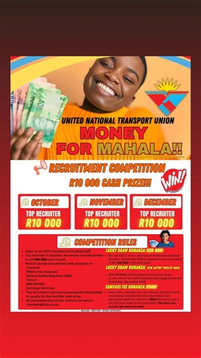🚨🚨🚨 THE UNTU MAHALA MONEY RECRUITMENT COMPETITION IS BACK – BIGGER, BETTER & PACKED WITH CASH REWARDS! 💰🔥 SEE COMPETITION DETAILS ON OUR PAGE #UNTU #MahalaMoney #UNTUCompetition | United National Transport Union