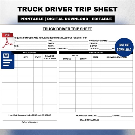 Truck Driver Trip Sheet: Editable Fuel, Mileage Log (pdf/word) - Etsy
