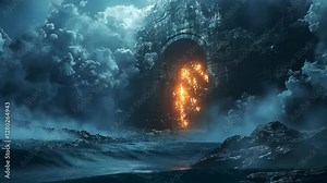 otherworldly portal gate to another world, big rock gate with mysterious fog drifting around at nighttime