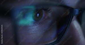 Macro of an Young Blond Successful Businesswoman with Glasses is Working with a Computer for Send Emails and Surf on a Web Browser at night.