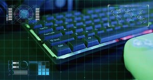 Animation of scope and data processing over video game computer equipment. Global video game, digital interface, data processing and connections concept digitally generated video.