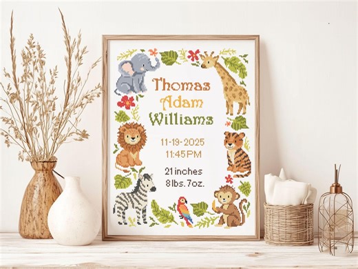 African Birth Announcement Cross Stitch Pattern | Safari Jungle Boy Baby Neutral | Personalized Instant Download PDF - Etsy