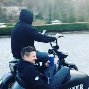A very special seasons greetings to your all ... chilly night, hot coffee, and this Phat Scooters will complete my week ! #sidecarsmiles #phatscoot | Jeremy Renner