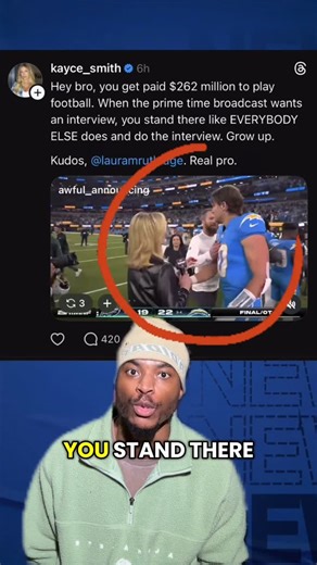 Cassiuszone | Was Justin Herbert in the wrong for not wanting to do a post game interview after the final snap by Laura Rutledge? #justinherbert... | Instagram