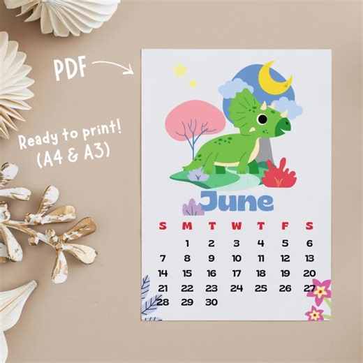 Printable 2026 Dinosaur Illustration Calendar for Kids - Etsy