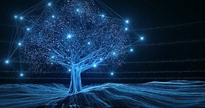 Particle growth technology big tree blue lines and glowing particles flow, light flows on the ground