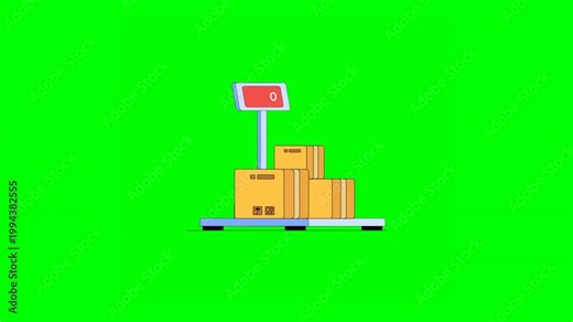 2D Animated Stack of Brown Boxes Placed on Scale Reading Red Showing Exceeded Weight Measurement on Green Background