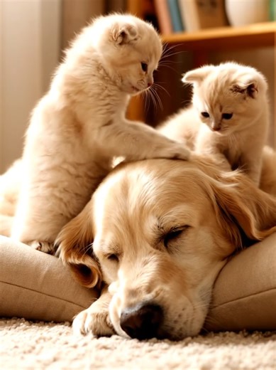 아기 고양이들이 큰 강아지를 재워주는 순간 Tiny Kittens Gently Lulling the Big Dog to Sleep #animalhealing #동물힐링