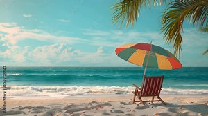 Colorful umbrella is on a beach chair, providing shade from the sun. The scene is peaceful and relaxing, with the ocean in the background