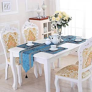 HeMiaor Dining Table Runner Blue and Silver Rhinestone Sequin Table Runners with Tassels for Wedding Party Holiday Decorations, 13x98 inches