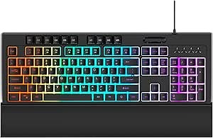OMOTON Modern Ergonomic RGB Gaming Keyboard with Magnetic Wrist Rest, 104 Keys, Black, Rainbow Backlight, Wired, Mechanical, QWERTY, PC, Laptop, Mac