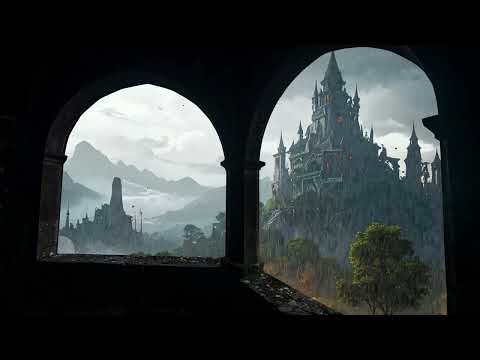 4K Dark Fantasy Castle Window – Heavy Rain, Thunder & Misty Valley Ambience for Deep Focus