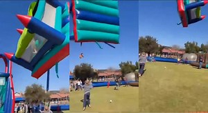 ¡Terrorífico! Castillo inflable salió volando con niños dentro 🎦