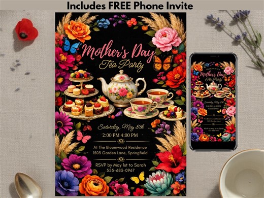 Editable Mother's Day High Tea Invitation, Printable Mothers Day Brunch Invite Template,custom Floral Mom Invite, Dramatic Dark Flowers - Etsy