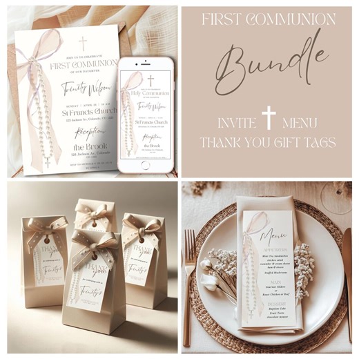 First Communion Invitation Bundle, Editable Canva Templates, 5x7 Invite, Mobile Invite, Menu 4x9, Thank You Gift Tags, Printable Set - Etsy