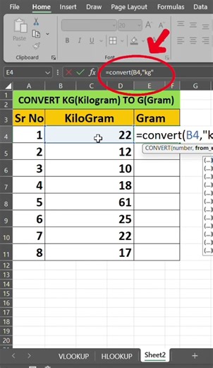 How To Convert Kg to Gram in Excel | 🔥Convert Function in Excel |#excel #convert #ytshorts #shorts