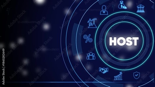 Web Hosting Service Concept with H O S T and Business on Dark Blue Background with Neon Accents