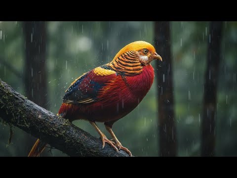 Stunning Golden Pheasant in Rain 🌧️ 4K Nature Relaxation & Sleep Sounds | Exotic Bird Beauty 🌿