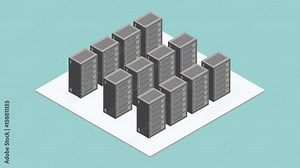 Datacenter server room. Isometric interior with rows of hardware server case cabinet motion graphic concept. Available in 4K FullHD and HD video render footage