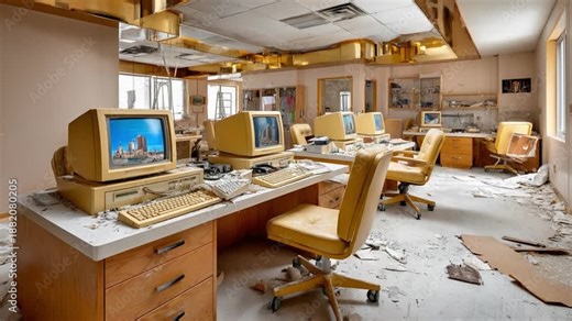 Abandoned Office: Witness the poignant decay of a vintage office, filled with outdated computer equipment and evoking a sense of past productivity in a forgotten workspace.