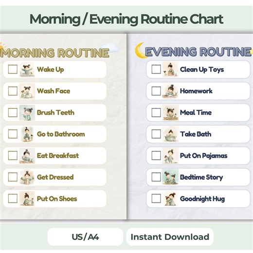 Morning and Bedtime Routine Chart for Kids Printable Visual Schedule - Etsy Canada
