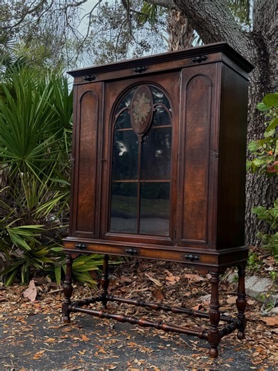 Antique 1910s–1920s Display Cabinet – Floral Leaded Glass China Cabinet With Shelving – Vintage Solid Wood - Etsy