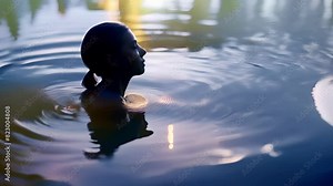A still image of water ripples with a persons reflection in the center but their outline is wavering and distorted mimicking the idea of a fluctuating identity due to neural alterations..