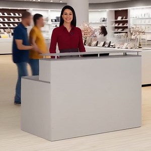 Modern Reception Desk with Storage Cabinet 63”W x 41”H x 31.5”D Stylish Water Corrugated Acrylic Top, Wood Reception Desk Finish, Ideal Reception Desk for Office, Retail, School, and Lobby Driftwood